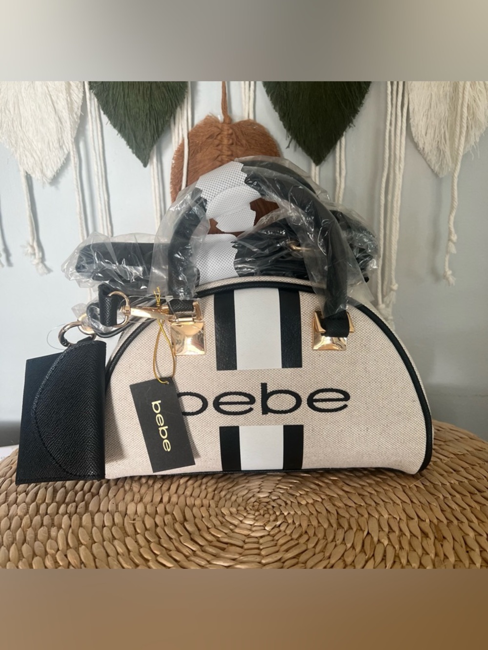 bebe Black & Cream Striped Dome Satchel